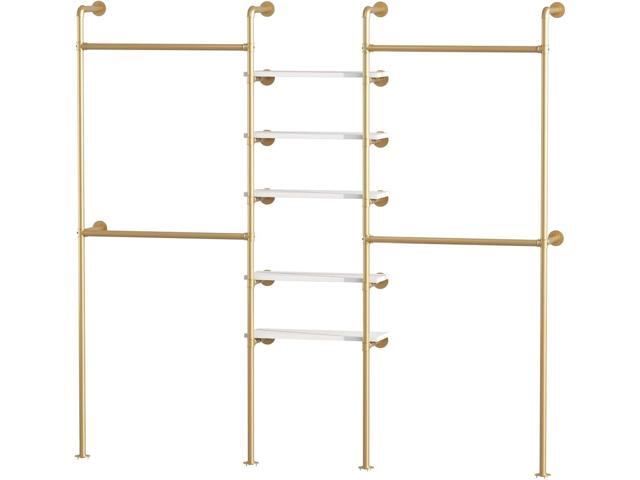 Industrial Pipe Clothing Racks with 5 Shelves, Wall Mounted Gold Clothes Rack for Hanging Clothes, Gold Wall Clothing Rack, Heavy Duty Clothes Rack...