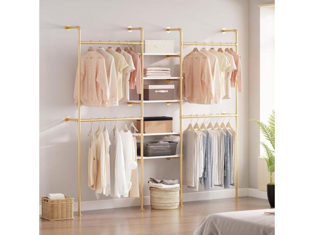 Industrial Pipe Clothing Racks with 5 Shelves, Wall Mounted Gold Clothes Rack for Hanging Clothes, Gold Wall Clothing Rack, Heavy Duty Clothes Rack...