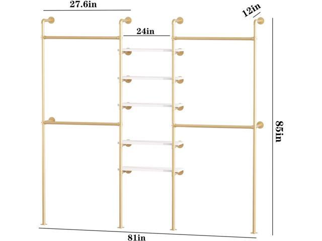 Industrial Pipe Clothing Racks with 5 Shelves, Wall Mounted Gold Clothes Rack for Hanging Clothes, Gold Wall Clothing Rack, Heavy Duty Clothes Rack...