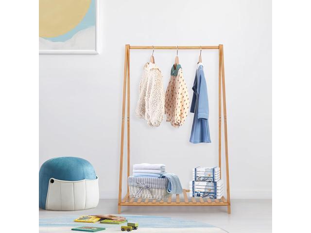 Small Clothes Rack Kids Dress Up Storage for Playroom, Toddlers Bedroom, Bamboo Child Garment Rack with Storage Shelf, Kids Clothing Rack Costumes...