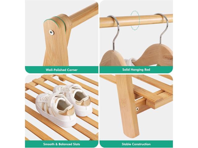Small Clothes Rack Kids Dress Up Storage for Playroom, Toddlers Bedroom, Bamboo Child Garment Rack with Storage Shelf, Kids Clothing Rack Costumes...