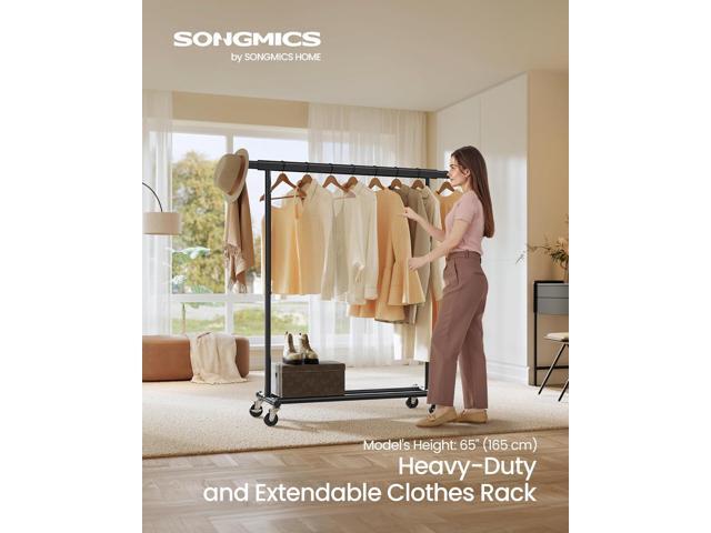 SONGMICS Clothes Rack with Wheels, Heavy-Duty Clothing Rack for Hanging Clothes, Portable, 17.7 x (36.2-52) x 63.6 Inches, with Extendable Rail,...