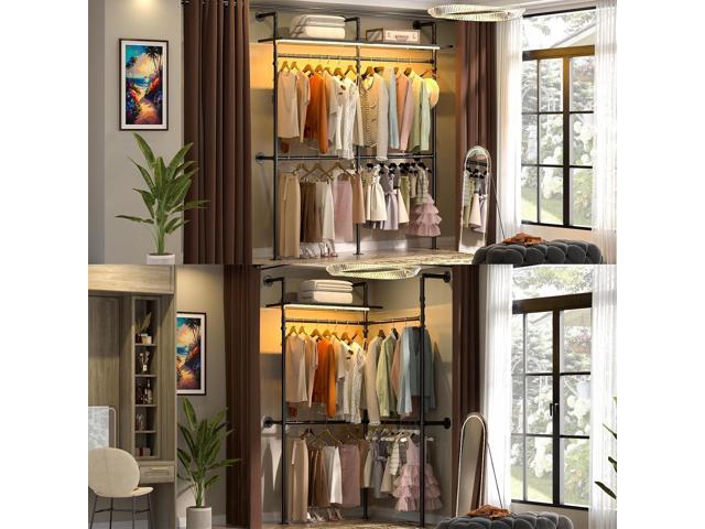 Aheaplus Industrial Pipe Clothing Rack, Reversible 79.7'' Clothes Rack for Hanging Clothes, Heavy Duty Garment Racks Closet Wardrobe with LED...