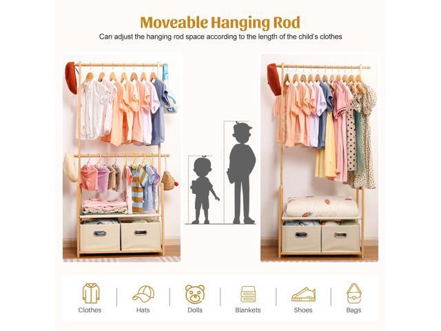 Kids Clothing Rack Bamboo with 2 Storage Baskets and 2 Adjustable Hanging Rods,Child Garment Holder with Shelf, Dress up Racks for...