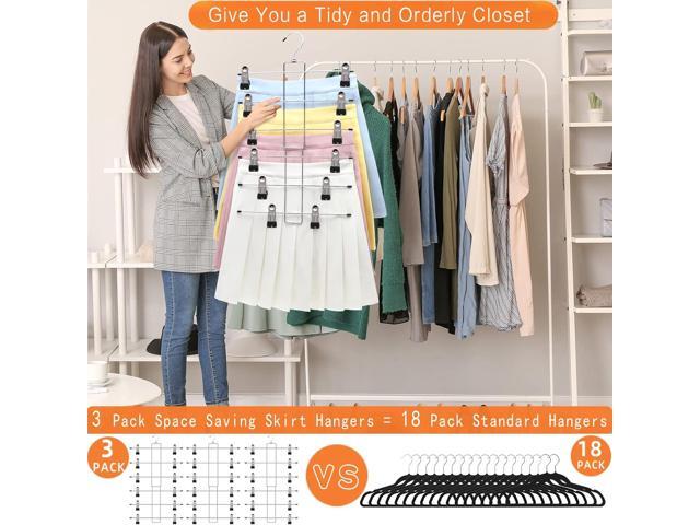 3 Pack Pants-Hangers-Space-Saving,6 Tier-Closet-Organizers-and-Storage Skirt Hangers with Clips,Closet-Organizer-Clothes-Organization-and-Storage...