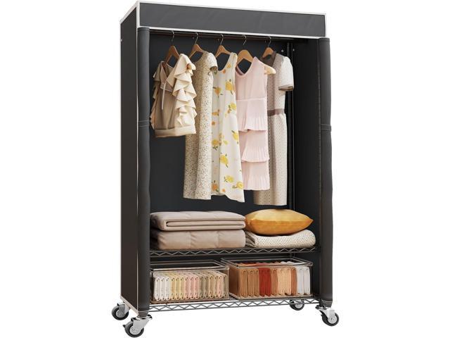 H4 Garment Rack with Cover, Rolling Heavy Duty Clothes Rack, Wardrobe Closet Organizer and Storage, Portable Closet for Hanging Clothes, Black...