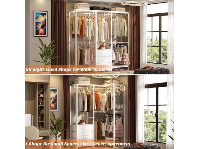 Aheaplus Garment Rack Heavy Duty Clothes Rack for Hanging Clothes,Clothing Rack with Drawers, Wood Stoarge Shelf Freestanding Closet Wardrobe Rack,...