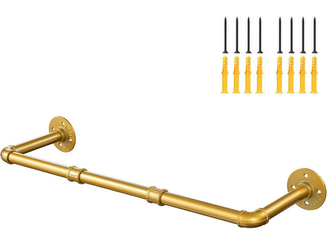 Industrial Gold Pipe Clothing Rack, Wall Ceiling Mounted Clothes Garment Rack 30'', Iron Golden Pipe Clothes Hanging Bar, Heavy Duty Metal Rod for...