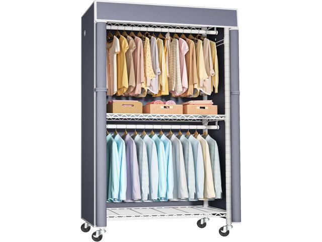 White Clothing Rack with Grey Cover, P1C Rolling Closet Rack with Wheels, Metal Garment Rack for Hanging Clothes, Clothing Storage Wardrobe, 36.2'...