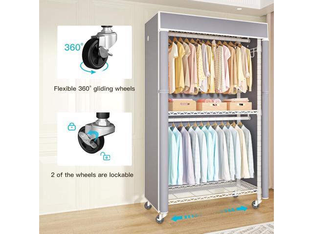 White Clothing Rack with Grey Cover, P1C Rolling Closet Rack with Wheels, Metal Garment Rack for Hanging Clothes, Clothing Storage Wardrobe, 36.2'...