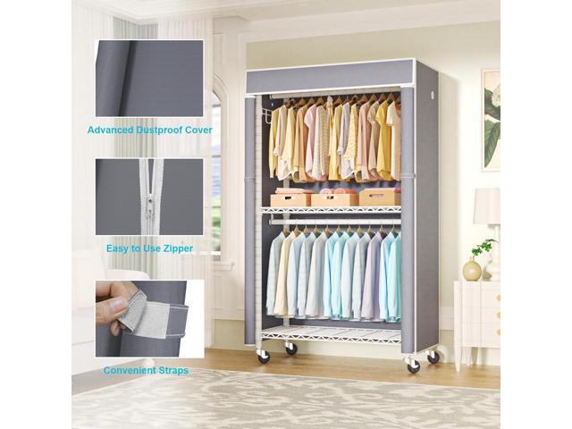 White Clothing Rack with Grey Cover, P1C Rolling Closet Rack with Wheels, Metal Garment Rack for Hanging Clothes, Clothing Storage Wardrobe, 36.2'...