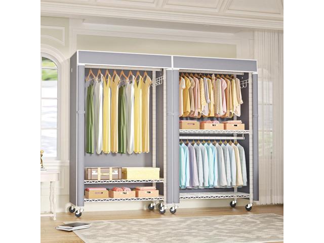 White Clothing Rack with Grey Cover, P1C Rolling Closet Rack with Wheels, Metal Garment Rack for Hanging Clothes, Clothing Storage Wardrobe, 36.2'...