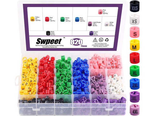 Swpeet 820Pcs 9 Common Sizes Plastic Hanger Size Markers Assortment Kit, XXS - 4XL Color-Coding Hanger Sizes Tags Marker for Wire Hangers Clothing...