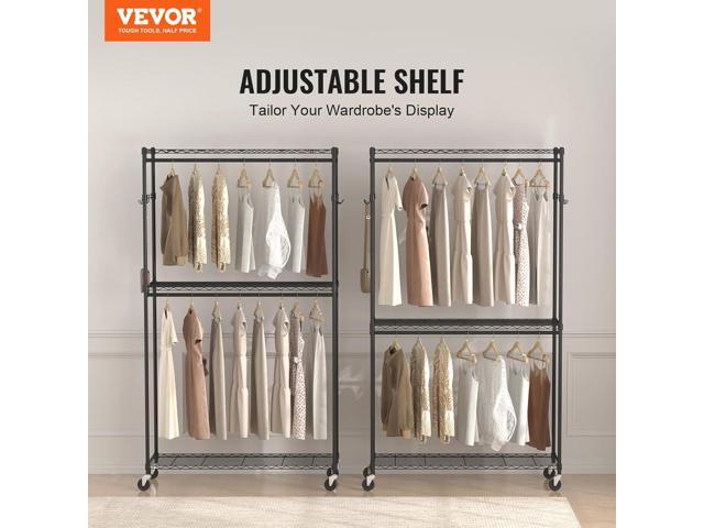 VEVOR Heavy Duty Clothes Rack, Rolling Clothing Garment Rack with 3 Storage Tiers, 2 Rods and 2 Pairs Side Hooks, Adjustable Height Clothing Rack...