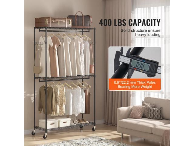 VEVOR Heavy Duty Clothes Rack, Rolling Clothing Garment Rack with 3 Storage Tiers, 2 Rods and 2 Pairs Side Hooks, Adjustable Height Clothing Rack...