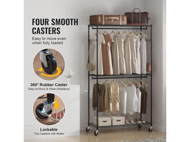 VEVOR Heavy Duty Clothes Rack, Rolling Clothing Garment Rack with 3 Storage Tiers, 2 Rods and 2 Pairs Side Hooks, Adjustable Height Clothing Rack...