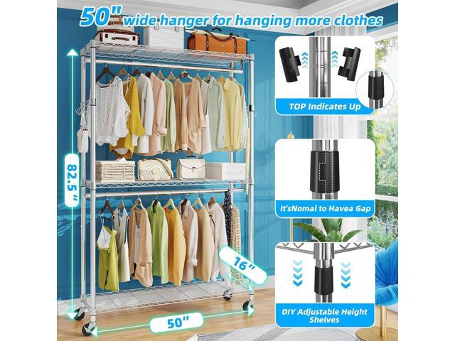 Simple Trending Portable Closet Wardrobe, Heavy Duty Clothes Rack with Storage Shelves, Garment Rack Double Rods with Wheels for Hanging, Chrome