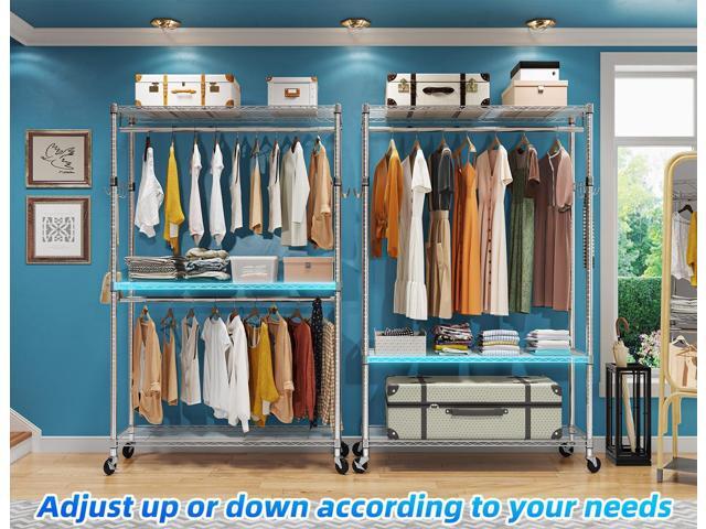 Simple Trending Portable Closet Wardrobe, Heavy Duty Clothes Rack with Storage Shelves, Garment Rack Double Rods with Wheels for Hanging, Chrome