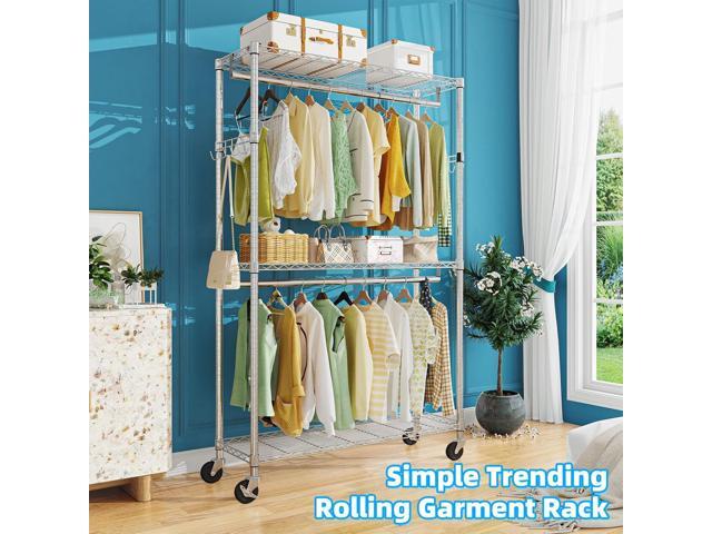 Simple Trending Portable Closet Wardrobe, Heavy Duty Clothes Rack with Storage Shelves, Garment Rack Double Rods with Wheels for Hanging, Chrome