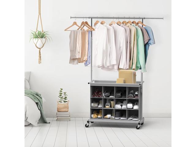 SIMPLE HOUSEWARE Garment Rack with Extensible Haning Rod and 16 Shoes Organizer, Grey