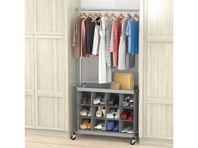 SIMPLE HOUSEWARE Garment Rack with Extensible Haning Rod and 16 Shoes Organizer, Grey