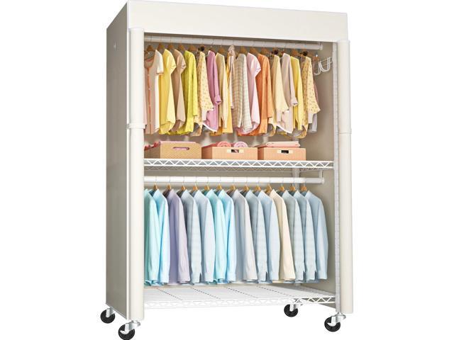 White Clothing Rack with Beige Cover, P1C Plus Rolling Closet with Wheels, Metal Garment Rack for Hanging Clothes, Clothing Storage Wardrobe, 46' W...