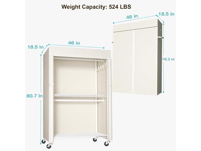White Clothing Rack with Beige Cover, P1C Plus Rolling Closet with Wheels, Metal Garment Rack for Hanging Clothes, Clothing Storage Wardrobe, 46' W...