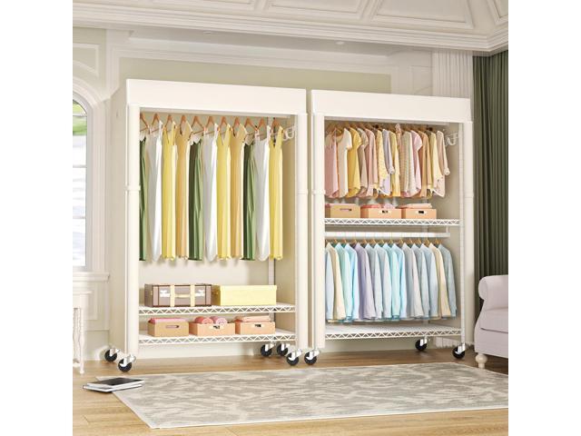 White Clothing Rack with Beige Cover, P1C Plus Rolling Closet with Wheels, Metal Garment Rack for Hanging Clothes, Clothing Storage Wardrobe, 46' W...