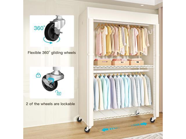 White Clothing Rack with Beige Cover, P1C Plus Rolling Closet with Wheels, Metal Garment Rack for Hanging Clothes, Clothing Storage Wardrobe, 46' W...