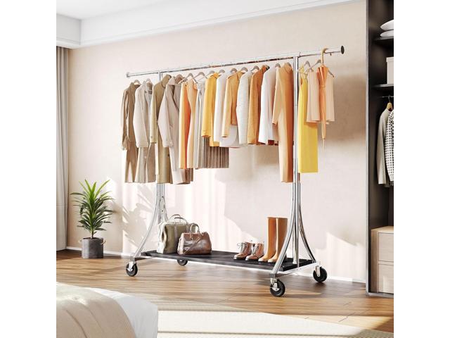 HOKEEPER Clothes Rack with Wood Shelves Height Adjustable Clothing Rack with Lockable Wheels 500LBS Portable Wooden Garment Closet for Bedroom,...