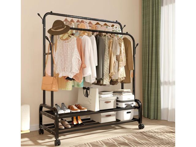 Antiwar Sturdy Metal Double Rodding Clothes Rack With Wheels, Portable Clothing Rack With Shelves & Hooks, Heavy Duty Garment Racks for Hanging...