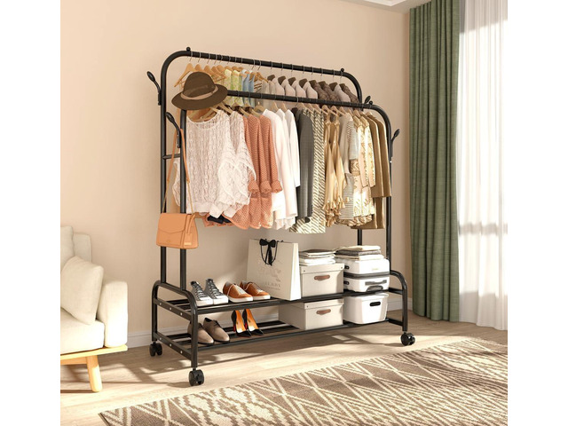 Antiwar Sturdy Metal Double Rodding Clothes Rack With Wheels, Portable Clothing Rack With Shelves & Hooks, Heavy Duty Garment Racks for Hanging...