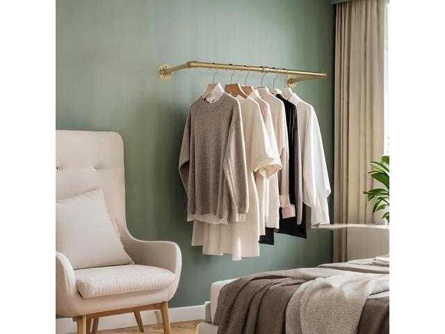 AddGrace Industrial Pipe Clothes Rack Gold Wall Mounted Clothing Rack for Hanging Clothes 34.5 Inch Multi-Purpose Garment Bar for Wardrobe and...