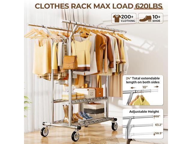 Heavy Duty Clothes Rack, Rolling Clothing Rack With Shelves Load 620 LBS, Double Rod Clothing Racks for Hanging Clothes, Portable& Adjustable...