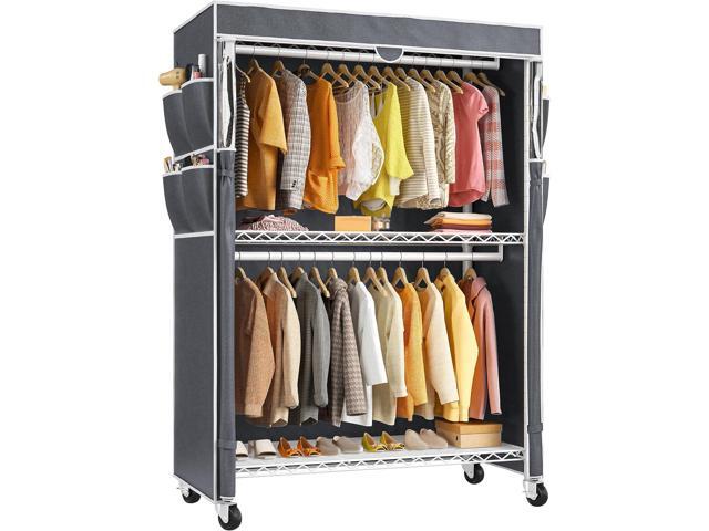 Raybee Heavy Duty Clothes Rack with Cover, 81' H Clothing Racks for Hanging Clothes, Portable with Wheels and Adjustable Feet, Max Load 440LBS, White