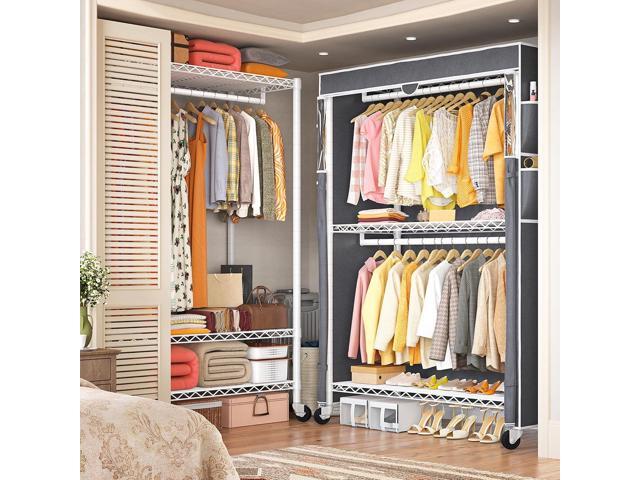 Raybee Heavy Duty Clothes Rack with Cover, 81' H Clothing Racks for Hanging Clothes, Portable with Wheels and Adjustable Feet, Max Load 440LBS, White