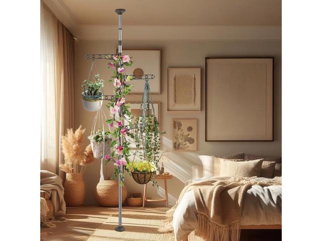 BAOYOUNI 4-Tier Standing Clothes Laundry Drying Rack Coat Hanger Organizer Floor to Ceiling Adjustable Metal Corner Tension Pole, Grey
