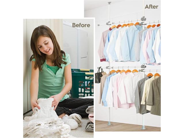 Double Clothing Rack, Adjustable Racks for Hanging Clothes, 2 Tier Clothes Heavy Duty Garment White Closet Freestanding System