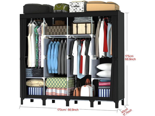 Non-Woven Wardrobe, No Tools Required, Large Capacity, Easy Assembly, Movable, Storage Rack, Waterproof, Dustproof, Stain Resistant, Black, 67.7 x...