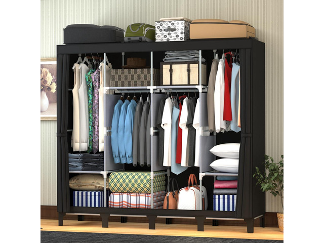 Non-Woven Wardrobe, No Tools Required, Large Capacity, Easy Assembly, Movable, Storage Rack, Waterproof, Dustproof, Stain Resistant, Black, 67.7 x...