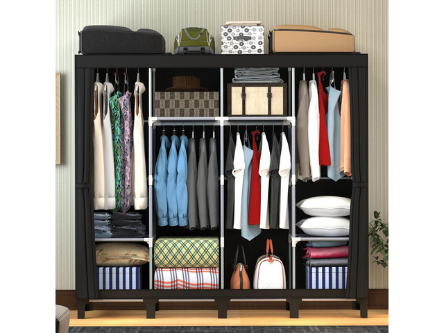 Non-Woven Wardrobe, No Tools Required, Large Capacity, Easy Assembly, Movable, Storage Rack, Waterproof, Dustproof, Stain Resistant, Black, 67.7 x...