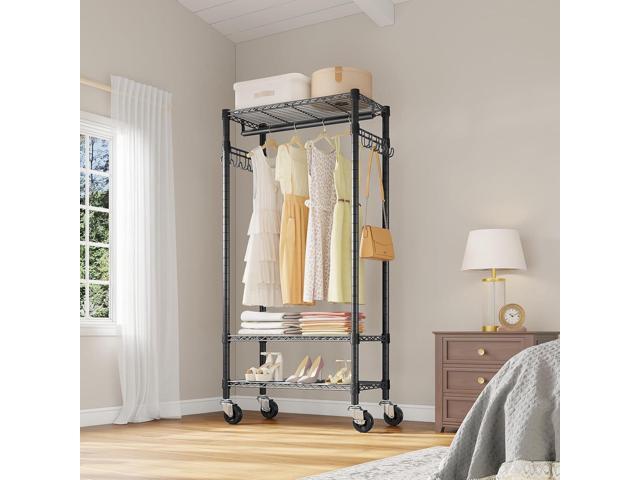 VIPEK R3 Medium Rolling Clothes Racks with Lockable Wheels, Heavy Duty Garment Rack with Adjustable Shelves & Hanging Rod & Side Hooks, Compact...
