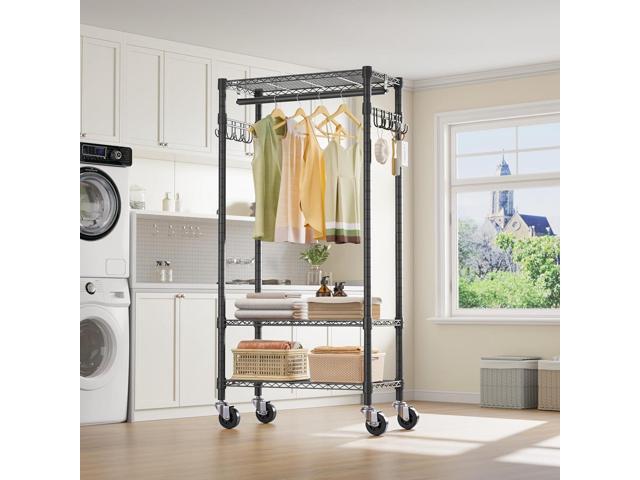 VIPEK R3 Medium Rolling Clothes Racks with Lockable Wheels, Heavy Duty Garment Rack with Adjustable Shelves & Hanging Rod & Side Hooks, Compact...