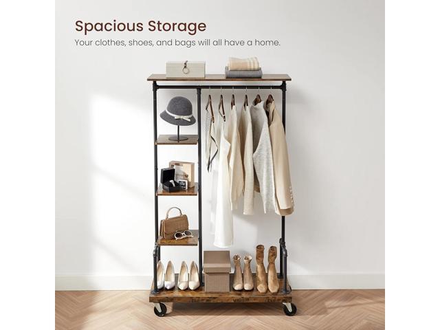 VASAGLE Clothes Rack, Clothing Garment Rack on Wheels, Rolling Clothes Organizer with 5-Tier, Industrial Pipe Style, Rustic Brown UHSR66BX