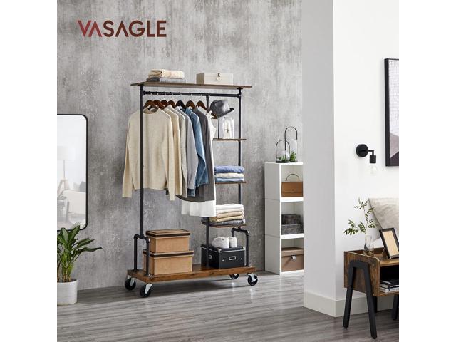 VASAGLE Clothes Rack, Clothing Garment Rack on Wheels, Rolling Clothes Organizer with 5-Tier, Industrial Pipe Style, Rustic Brown UHSR66BX