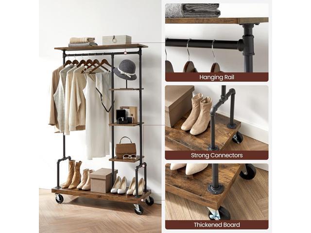 VASAGLE Clothes Rack, Clothing Garment Rack on Wheels, Rolling Clothes Organizer with 5-Tier, Industrial Pipe Style, Rustic Brown UHSR66BX