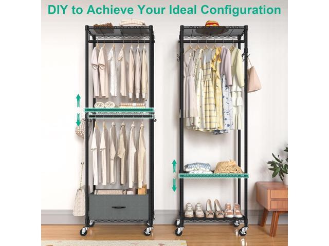 Freestanding Clothes Rack with Drawer, 3 Tier Rolling Garment Rack for Hanging Clothes, Metal Wire Shelving Wardrobe with Rods Portable Closet...