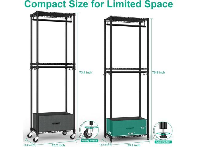 Freestanding Clothes Rack with Drawer, 3 Tier Rolling Garment Rack for Hanging Clothes, Metal Wire Shelving Wardrobe with Rods Portable Closet...