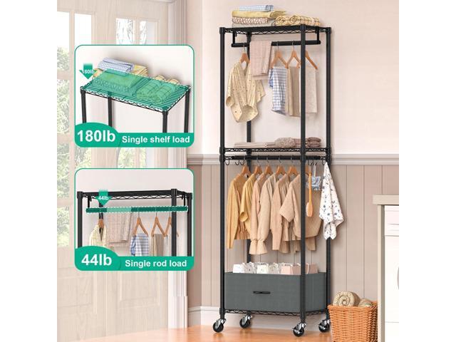 Freestanding Clothes Rack with Drawer, 3 Tier Rolling Garment Rack for Hanging Clothes, Metal Wire Shelving Wardrobe with Rods Portable Closet...