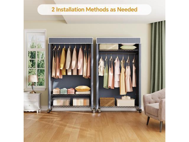 H4 Heavy Duty Clothes Rack with Cover, Rolling Garment Rack, Wardrobe with Cover and Wheels, Closet Organizer Shelf, Portable Closet Organizer and...